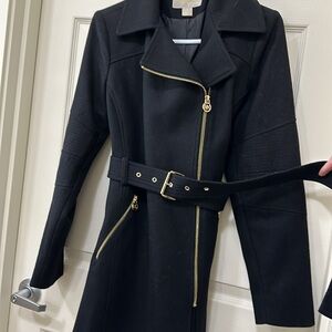 Michael Kors Asymmetrical zip wool blend belted coat black